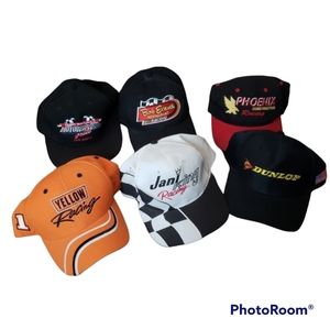 Set of 6 vintage Racing hats- Dunlap, Jan King, Bob Evans, Yellow and more